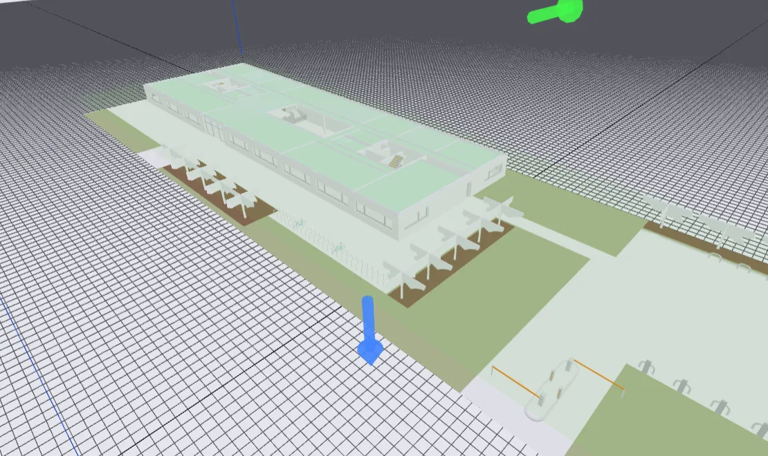 Demo office building with the roof cut away, interior walls visible and the automatically detected upper-floor surface tinted green.
