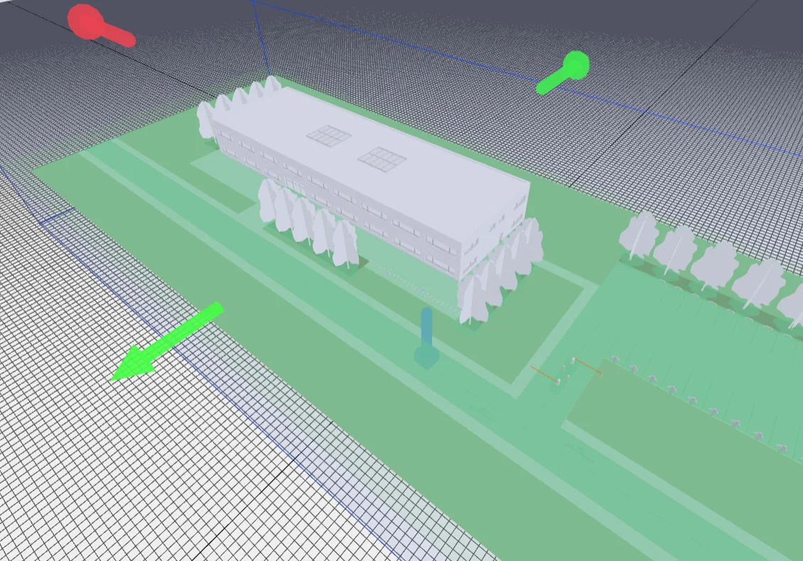 Autolay's 3D viewer showing the demo IFC office building on its site, with the blue crop box drawn around the model.