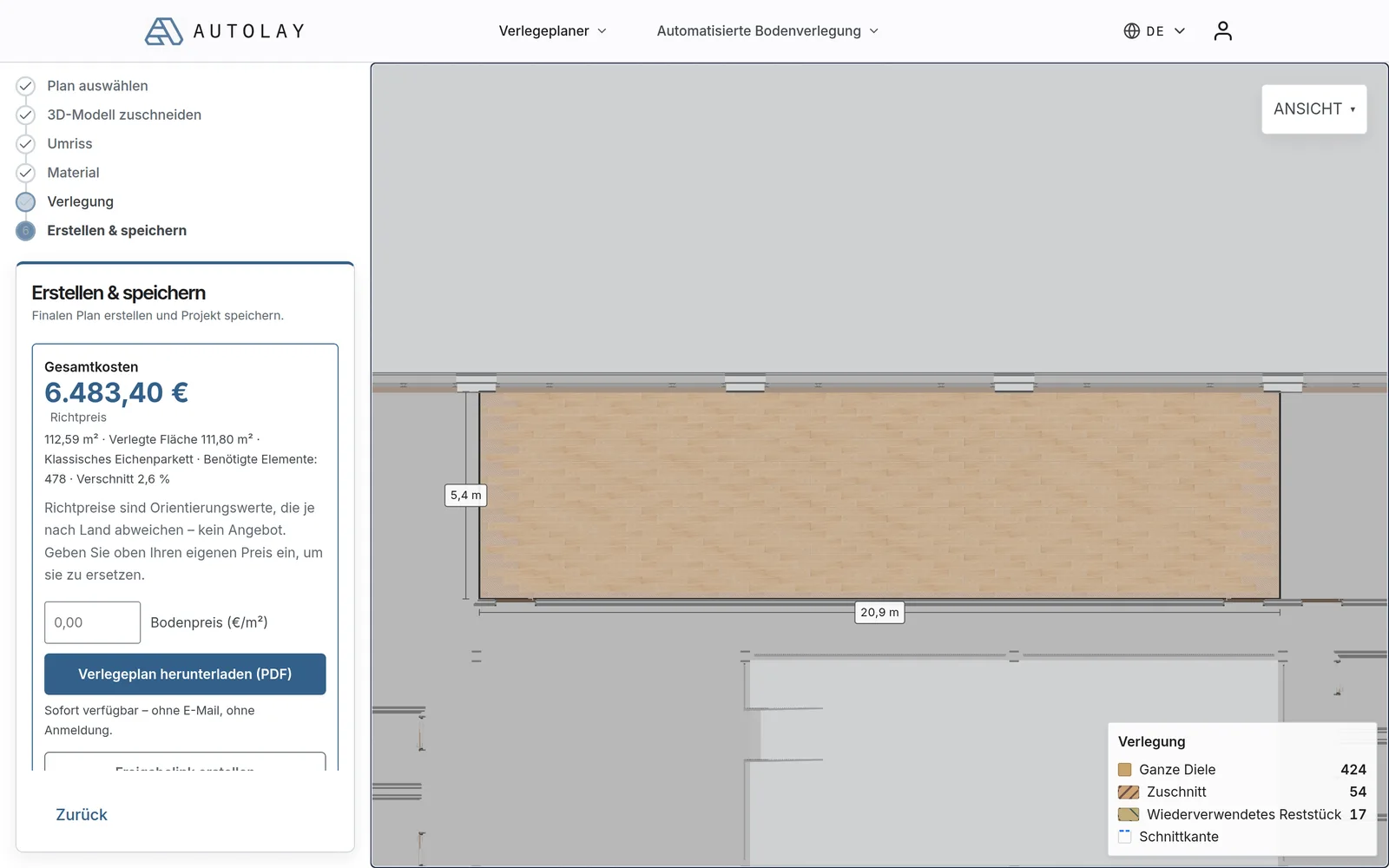 Der Ergebnis-Schritt: der Open Workspace mit Eichendielen verlegt, 5,4 mal 20,9 Meter, daneben die Übersicht mit Gesamtkosten, 478 Stück und 2,6 % Verschnitt.
