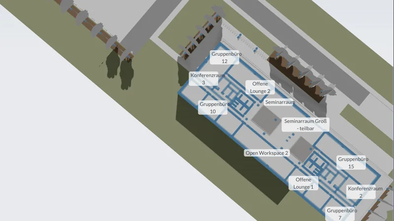 The sample office building model in the planner, with one story selected and its rooms outlined in blue and labeled