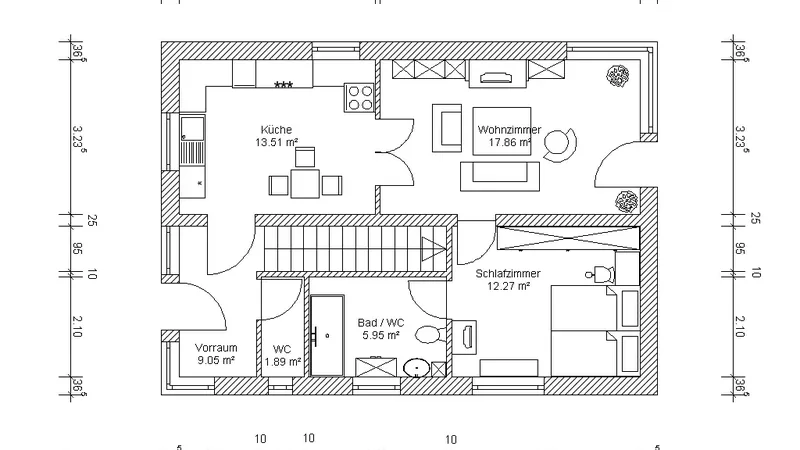 Our sample floor plan, an apartment drawn in 2D with room names, areas and dimension lines