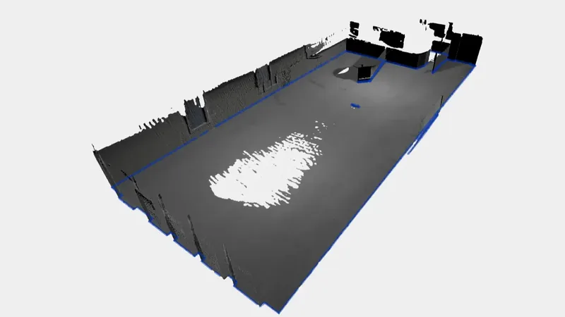 The 3D scan of our sample café in the planner, with the detected room outline drawn in blue along the floor