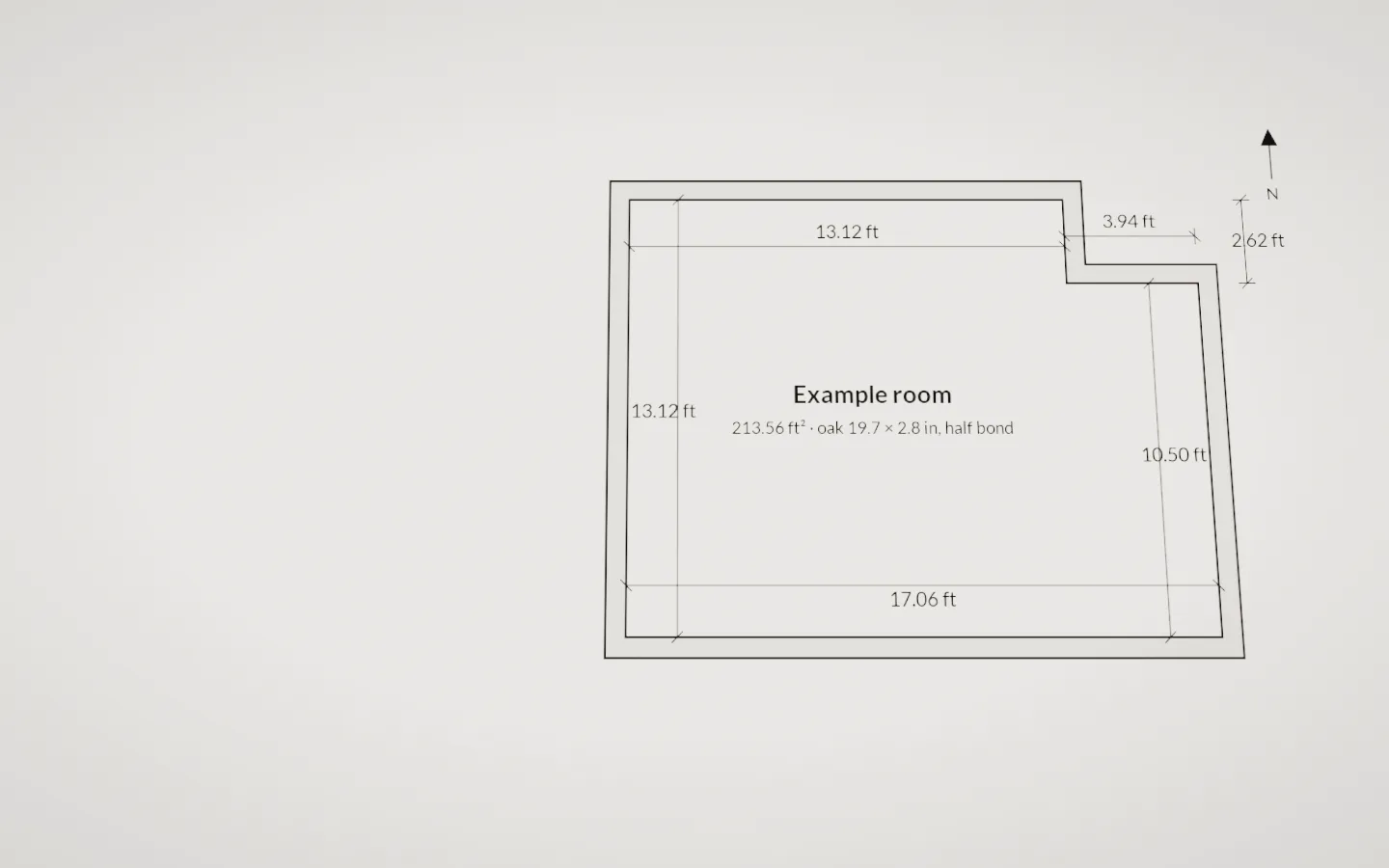 The floor plan of the L-shaped example room, drawn in ink on paper with its dimensions.