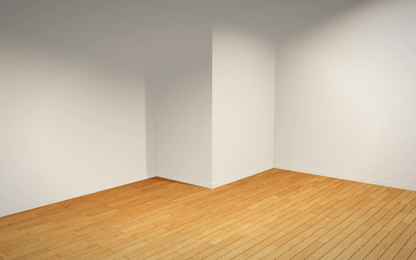 The room half laid, seen at eye level: white walls, oak planks from the far wall to the middle of the room, the bare screed ahead.