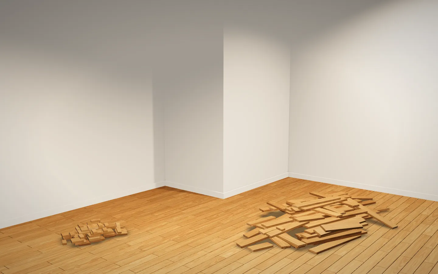 The finished oak floor at eye level under warm ceiling lamps; on the floor in front, the small heap of real offcuts at the left and the much bigger heap a rule of thumb would have left over at the right.