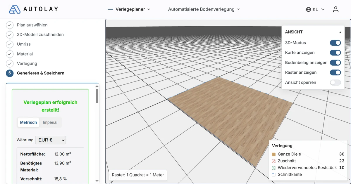 The Autolay flooring calculator showing a laying plan with material list