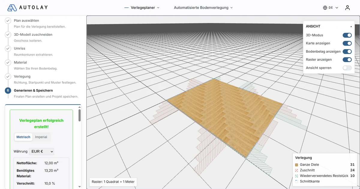 The Autolay layout planner showing a generated 3D herringbone floor with a live panel of material quantities and waste percentage.